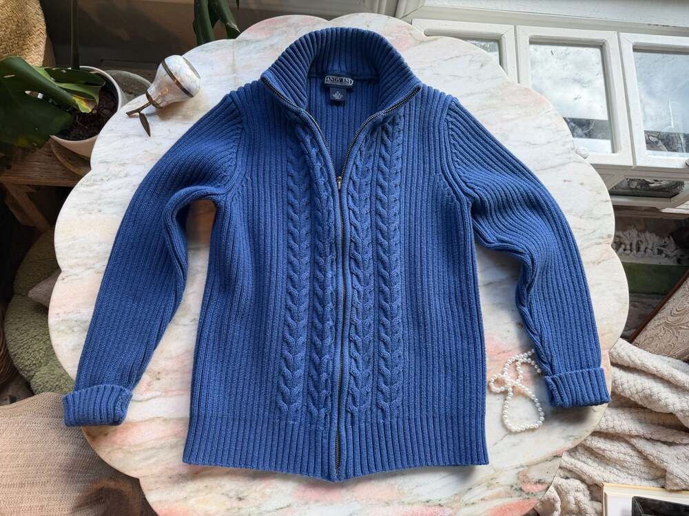 Lands' End Women's Blue Cable Knit Full-Zip Mock Neck Cardigan Sweater